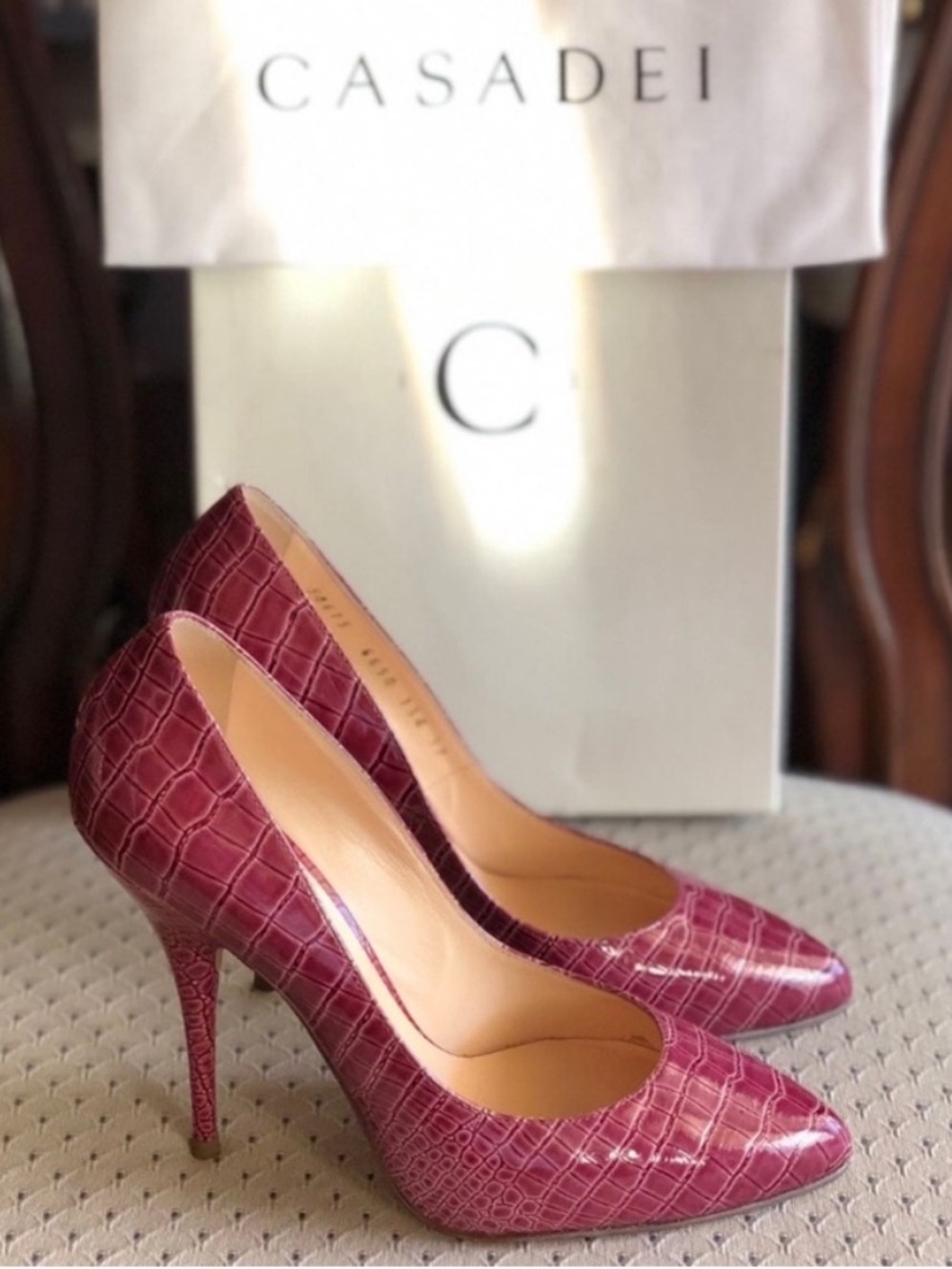 Casadei Women's Burgundy Croc-Embossed Leather Pumps